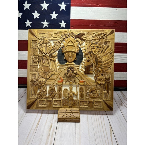 Mexican Wooden Inlay Carved Wall Art Handmade Aztec Mayan Pyramid Ritual Mexico